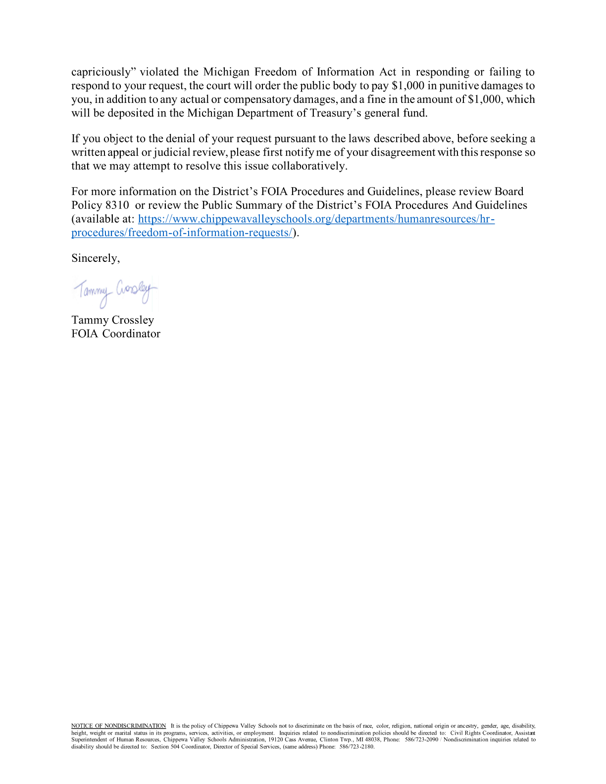 Chippewa Valley Schools FOIA response stating that no responsive background check or fingerprint records for Robert Wojtowicz were located